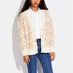 Coach Signature Cardigan in a cream-colored floral jacquard pattern